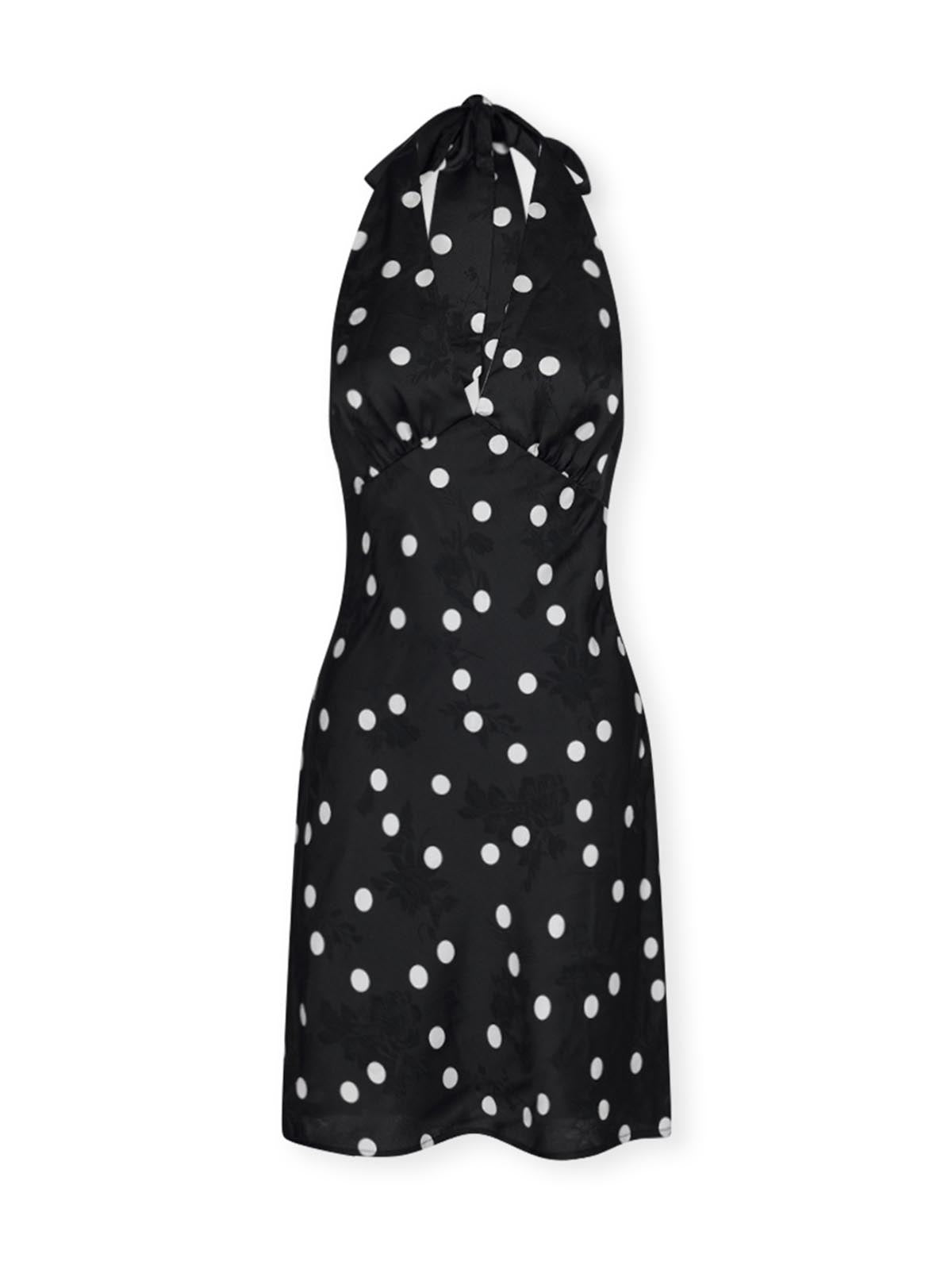 ASOBIO Halter V-Neck Draped Mini Dress-B&W Polka Dot