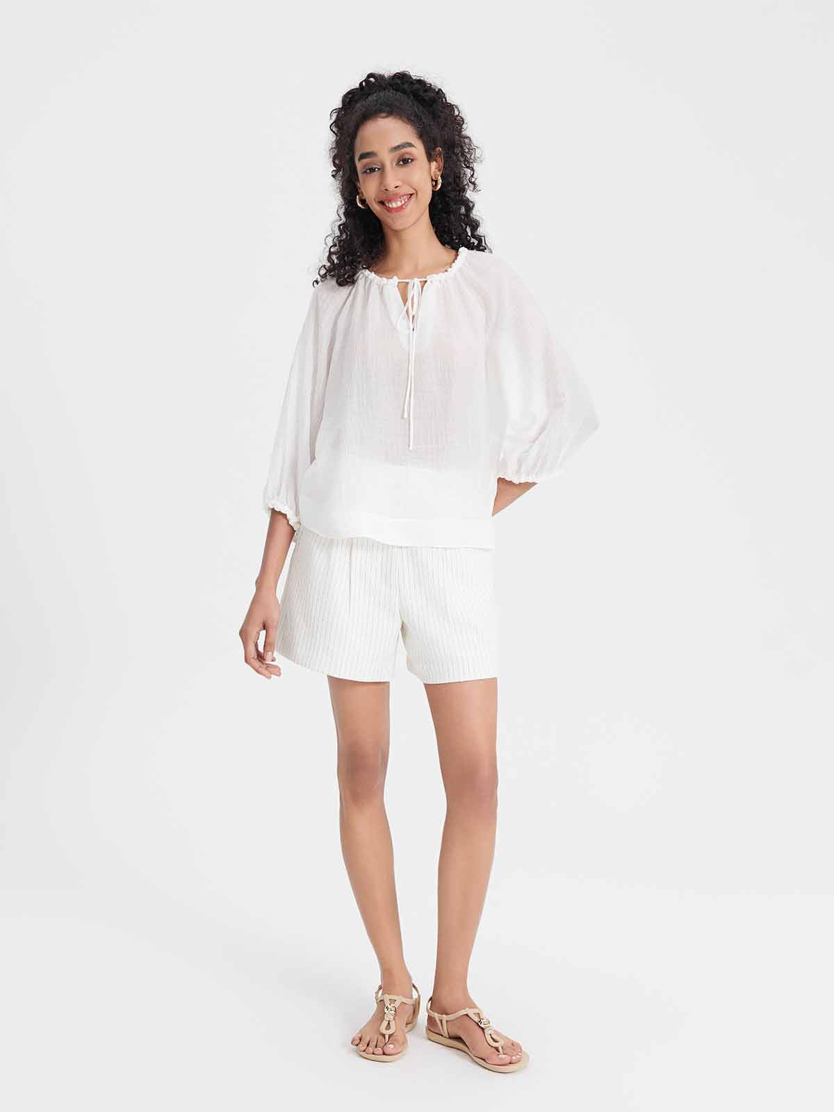 ASOBIO Tencel Textured Pleated Neck Blouse