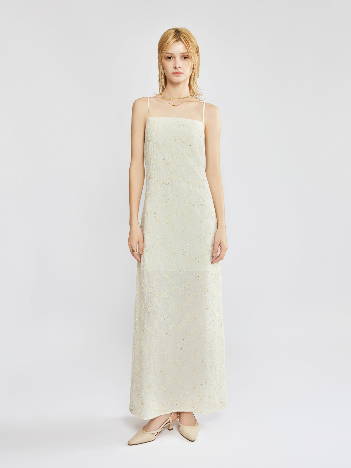 Embroidered Cut Work Cami Column Maxi Dress