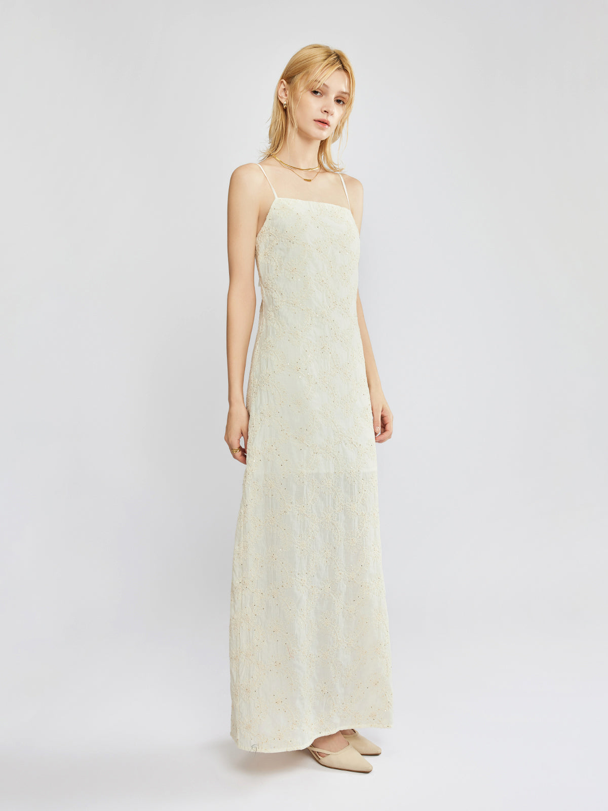 Embroidered Cut Work Cami Column Maxi Dress