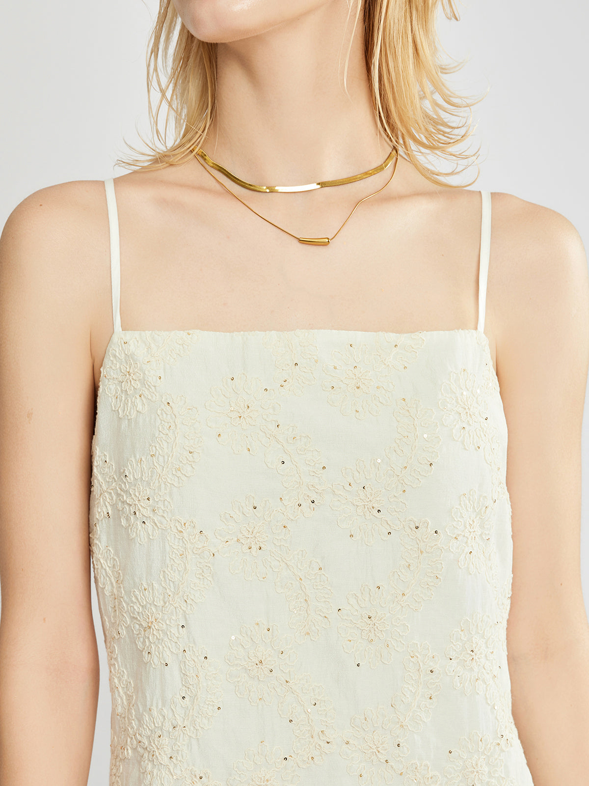 Embroidered Cut Work Cami Column Maxi Dress