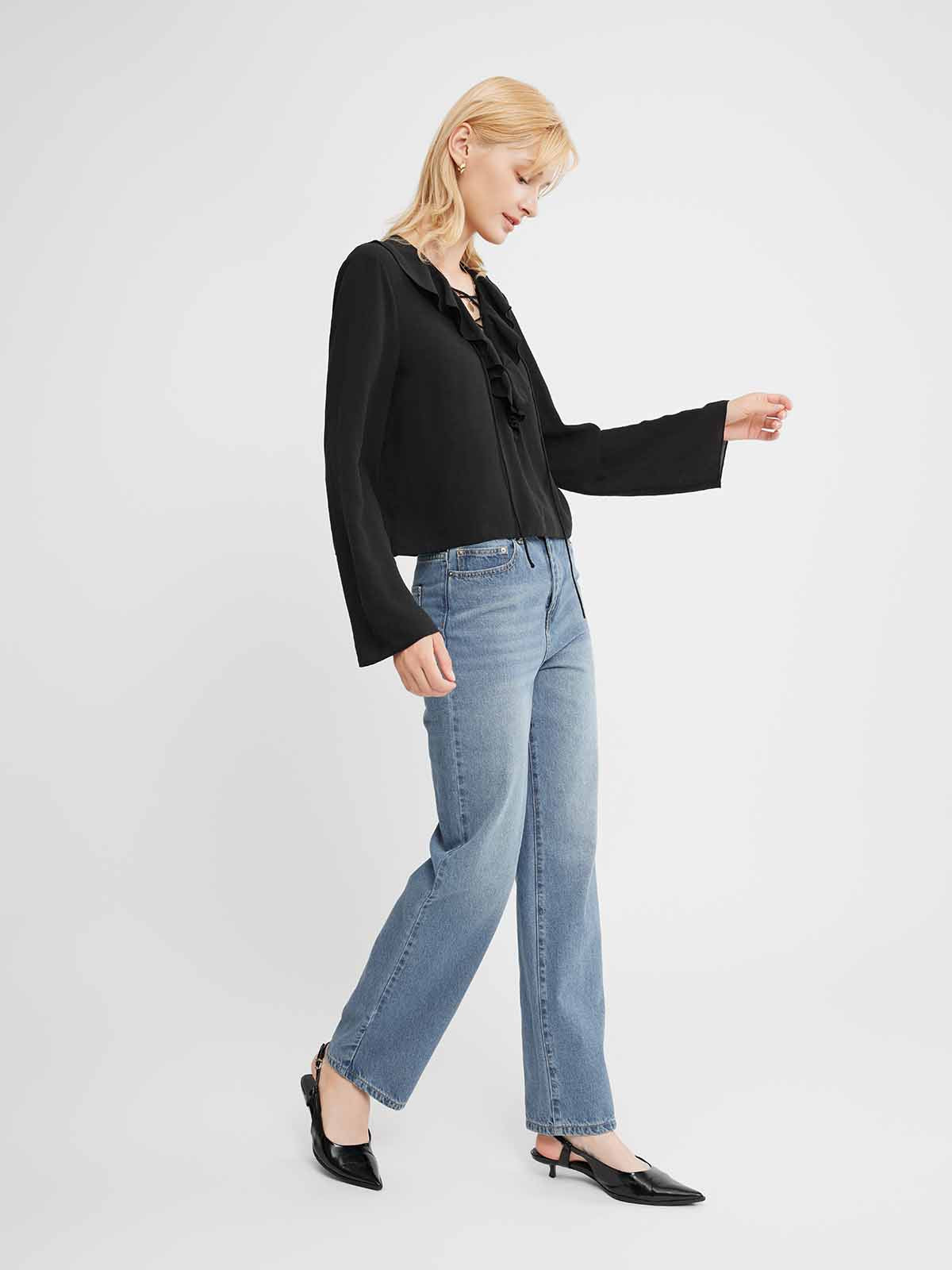 Ruffle Tie-Neck Long-Sleeve Blouse