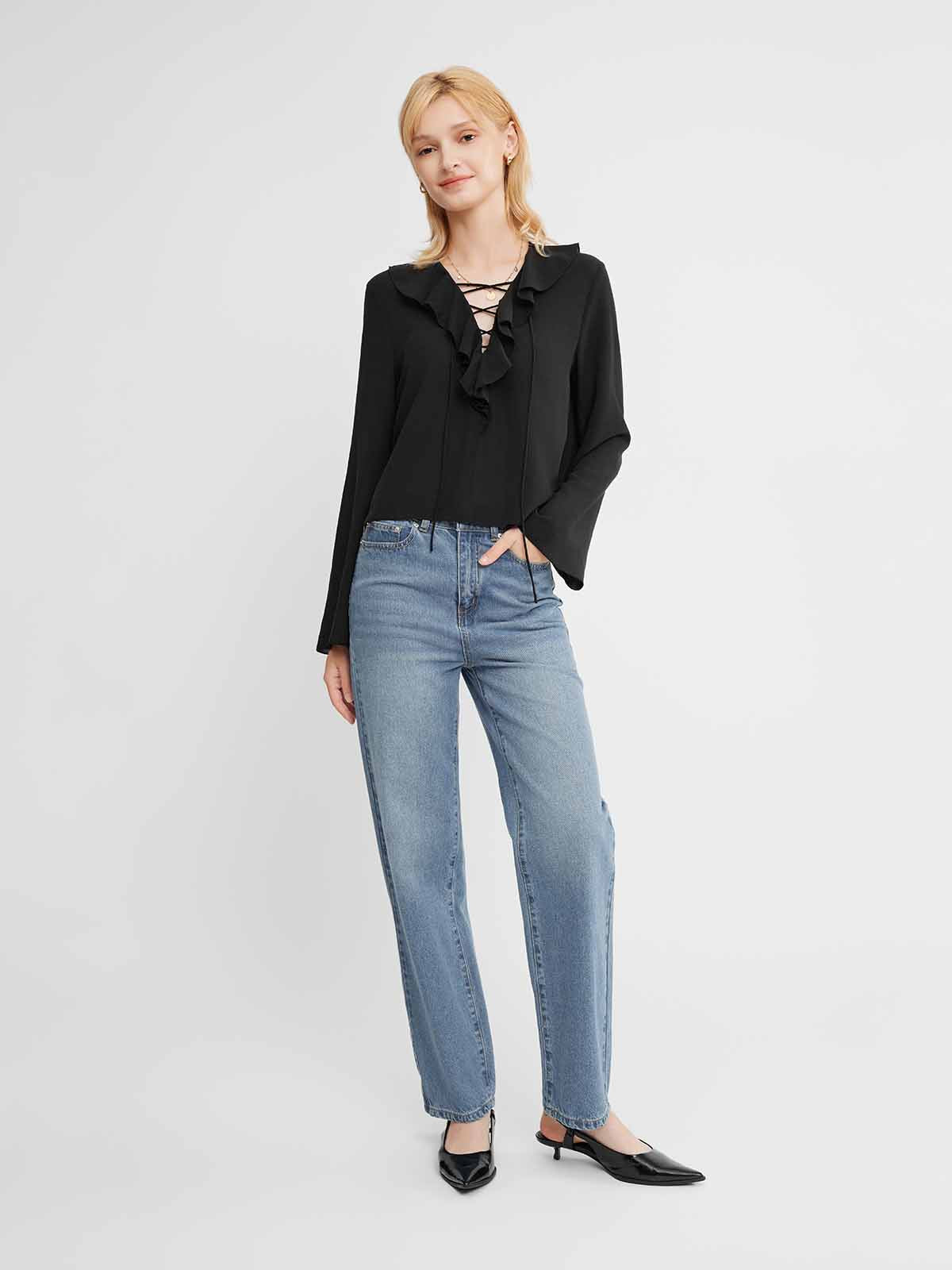 Ruffle Tie-Neck Long-Sleeve Blouse