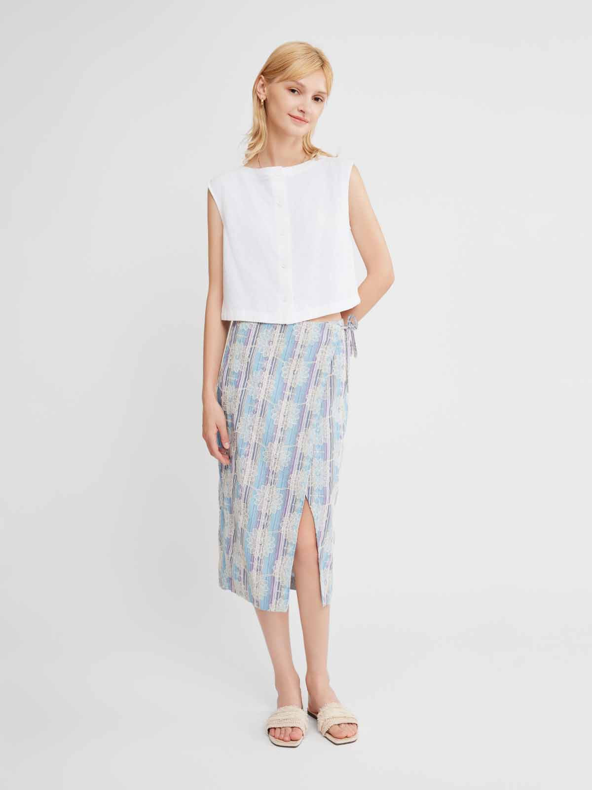 Striped Embroidered Wrap Skirt