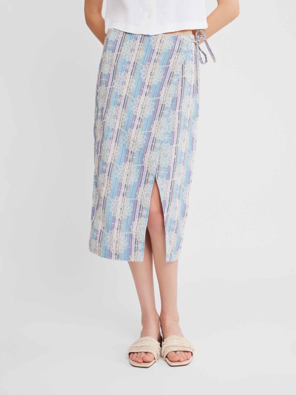 Striped Embroidered Wrap Skirt