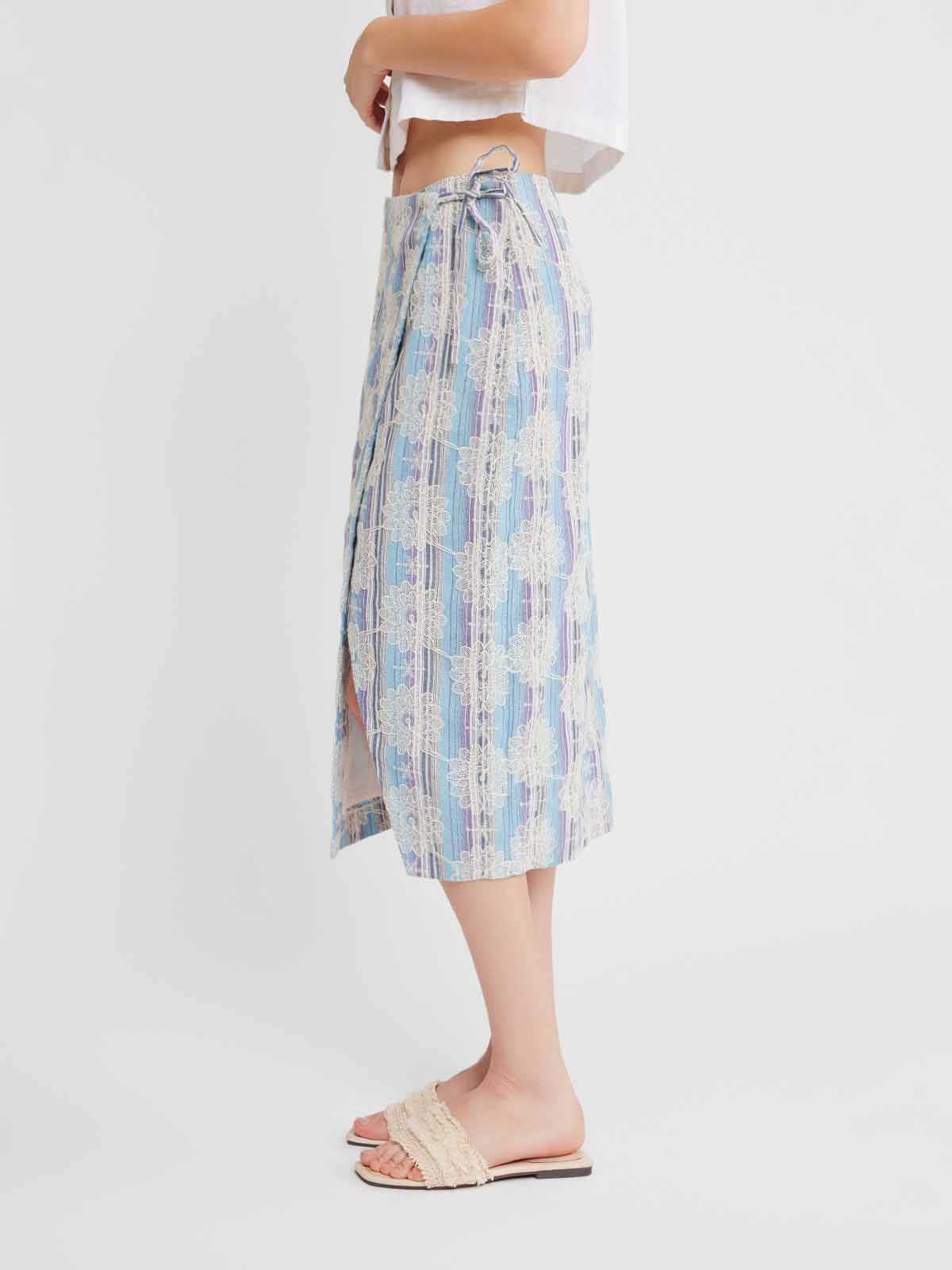 Striped Embroidered Wrap Skirt