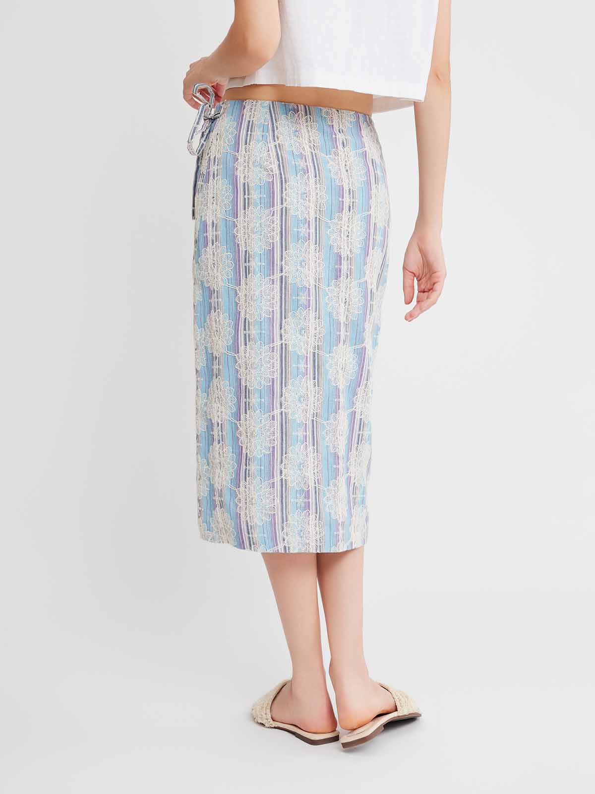 Striped Embroidered Wrap Skirt