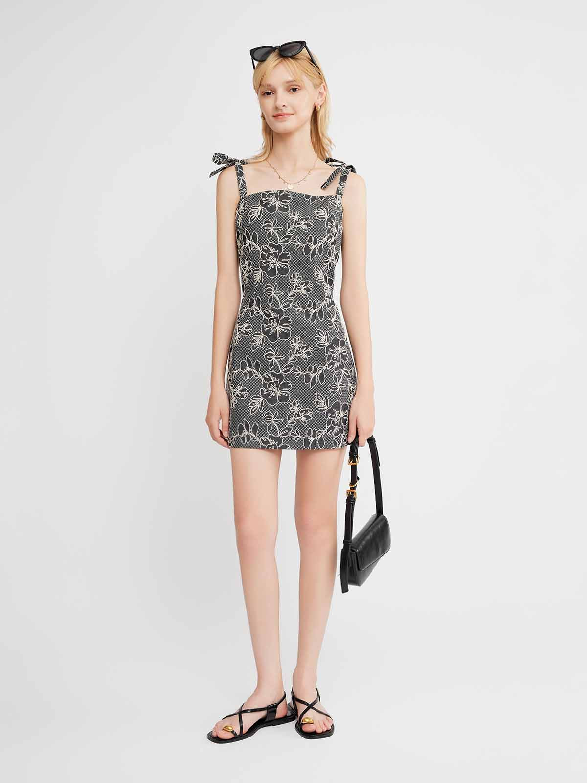 Embroidered Tie-Strap Mini Dress