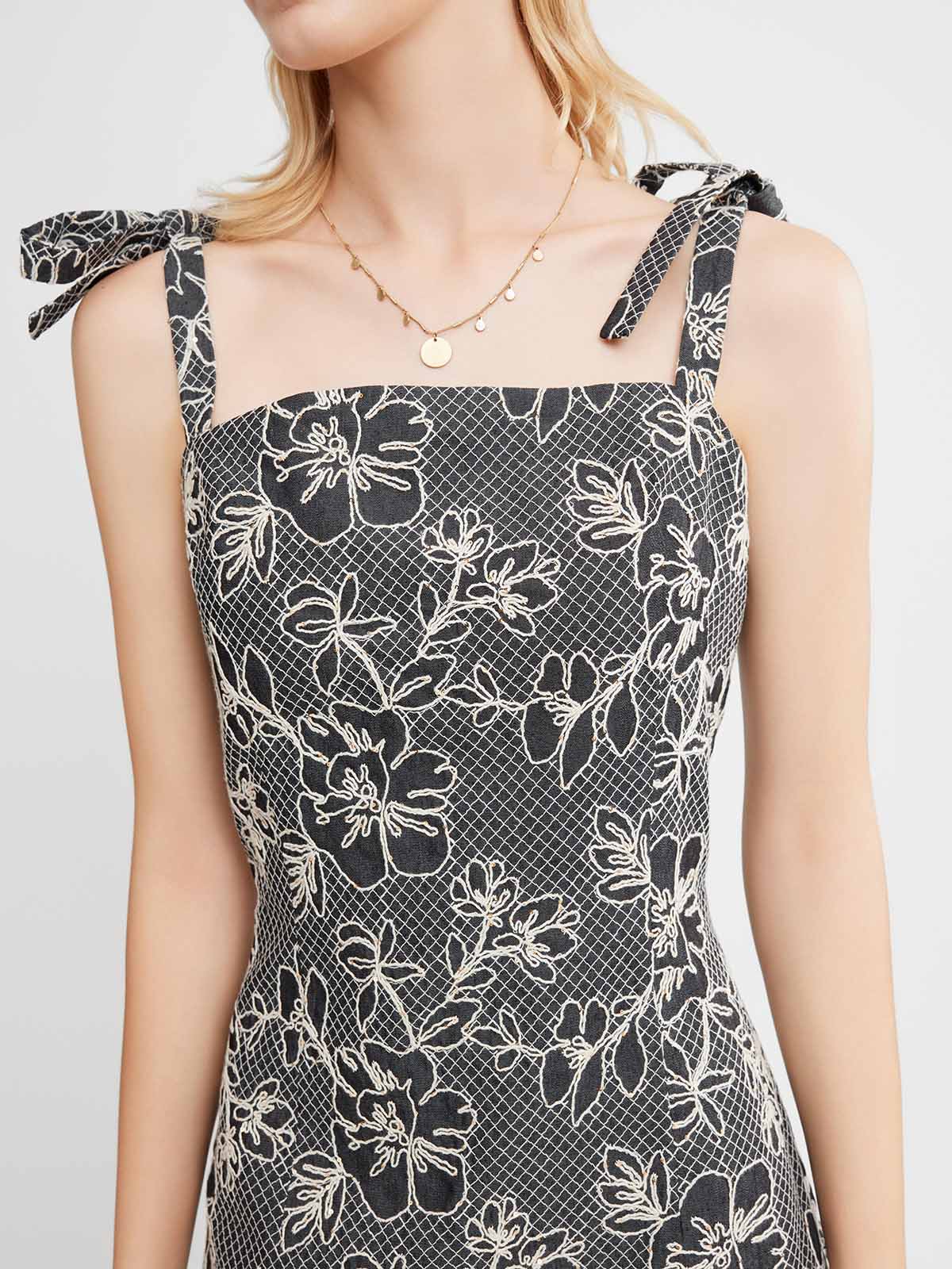 Embroidered Tie-Strap Mini Dress