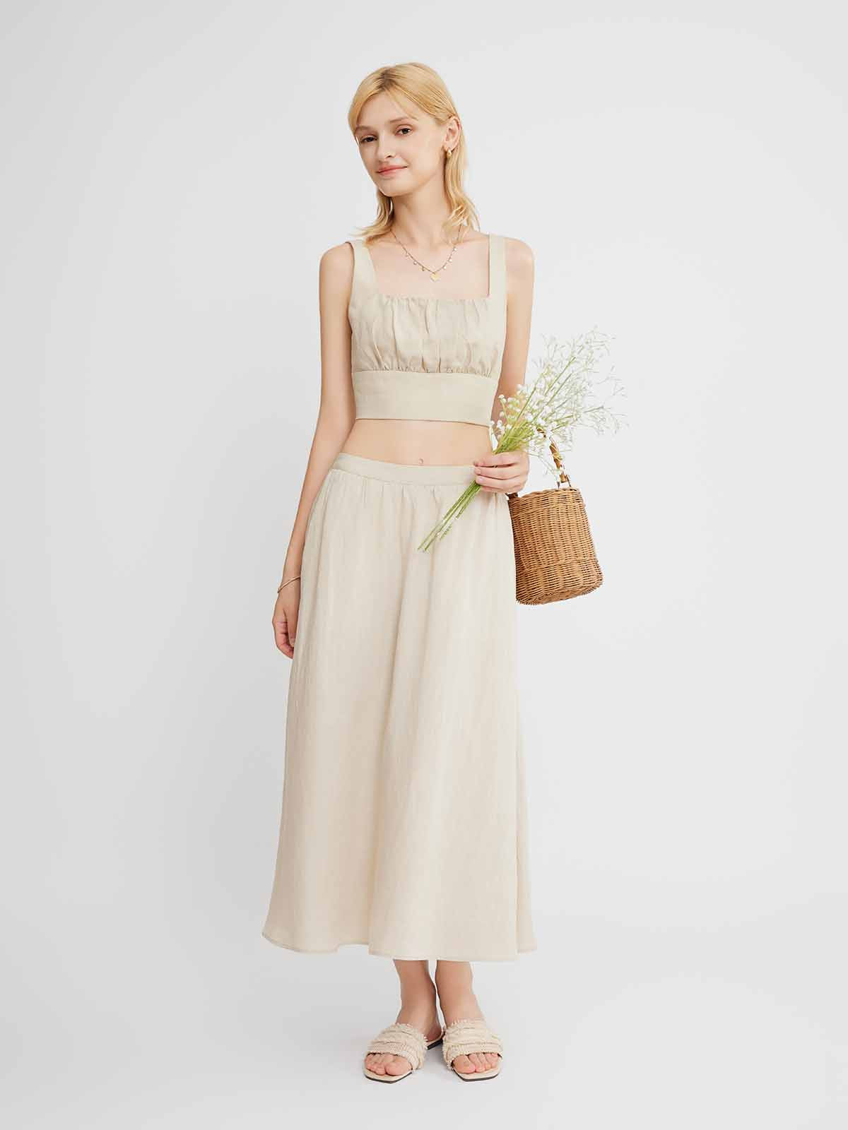 ASOBIO Linen-Blend A-Line Midi Skirt