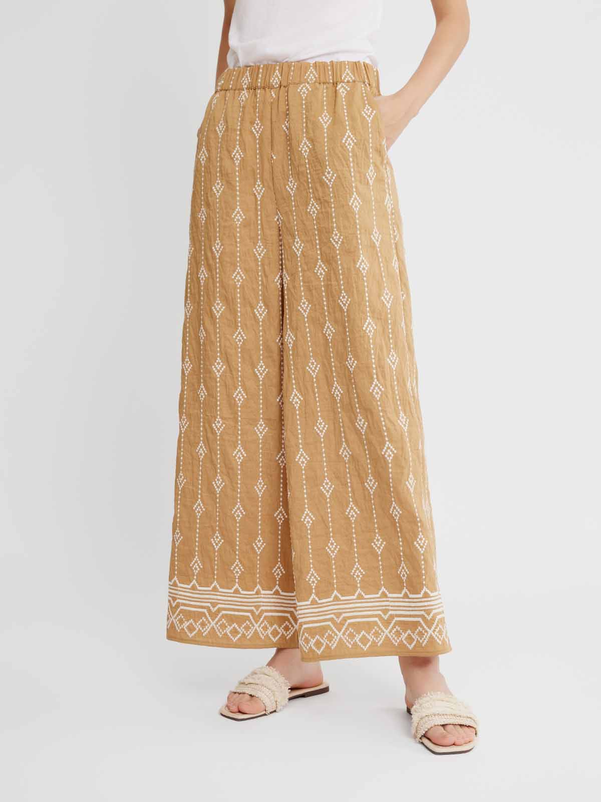 Embroidered Linen Wide-Leg Pants