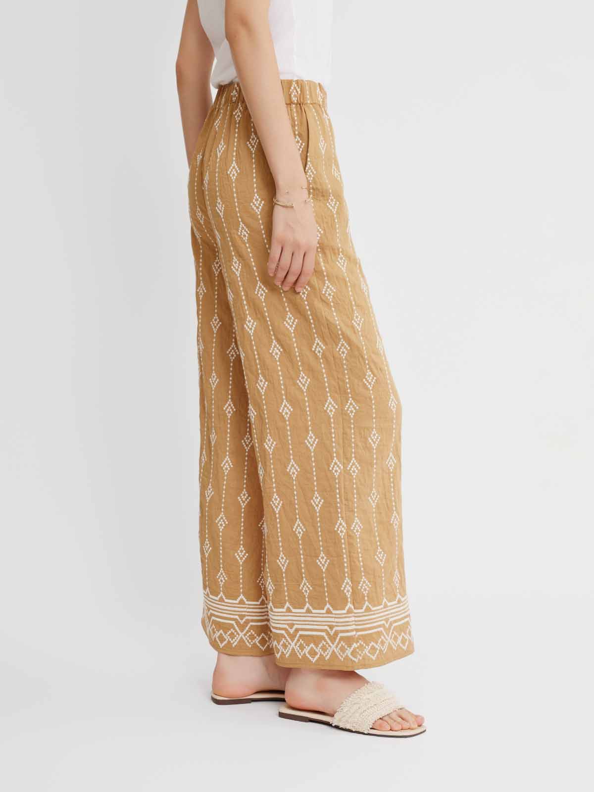 Embroidered Linen Wide-Leg Pants
