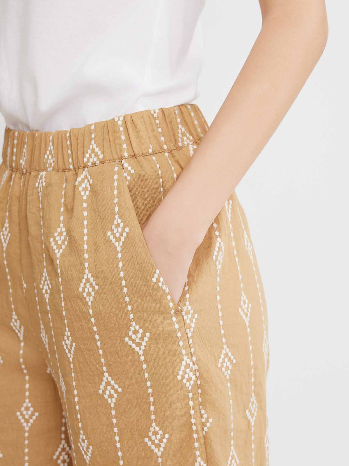 Embroidered Linen Wide-Leg Pants
