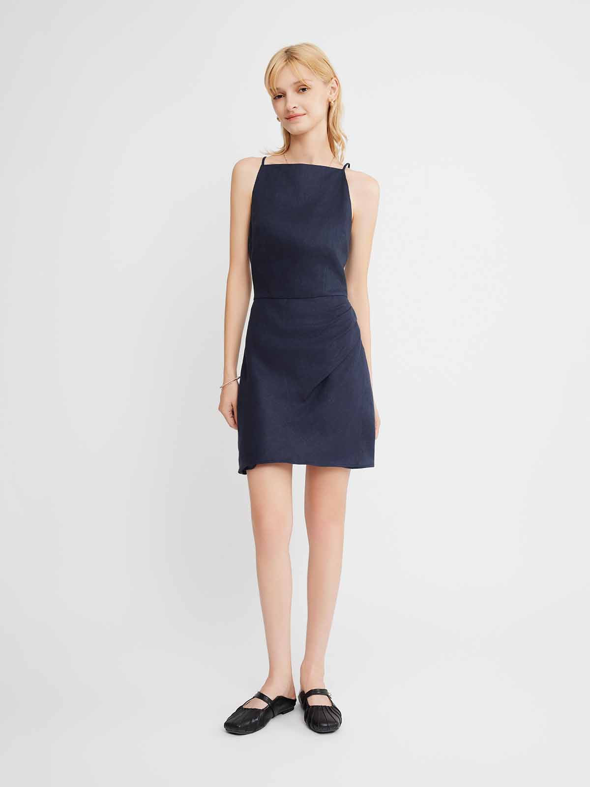 100% Linen Faux-Wrap Mini Dress