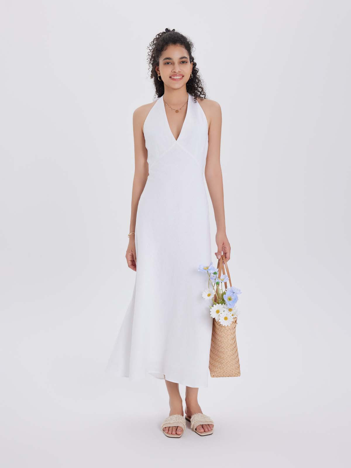 Linen Halter V-Neck Midi Dress