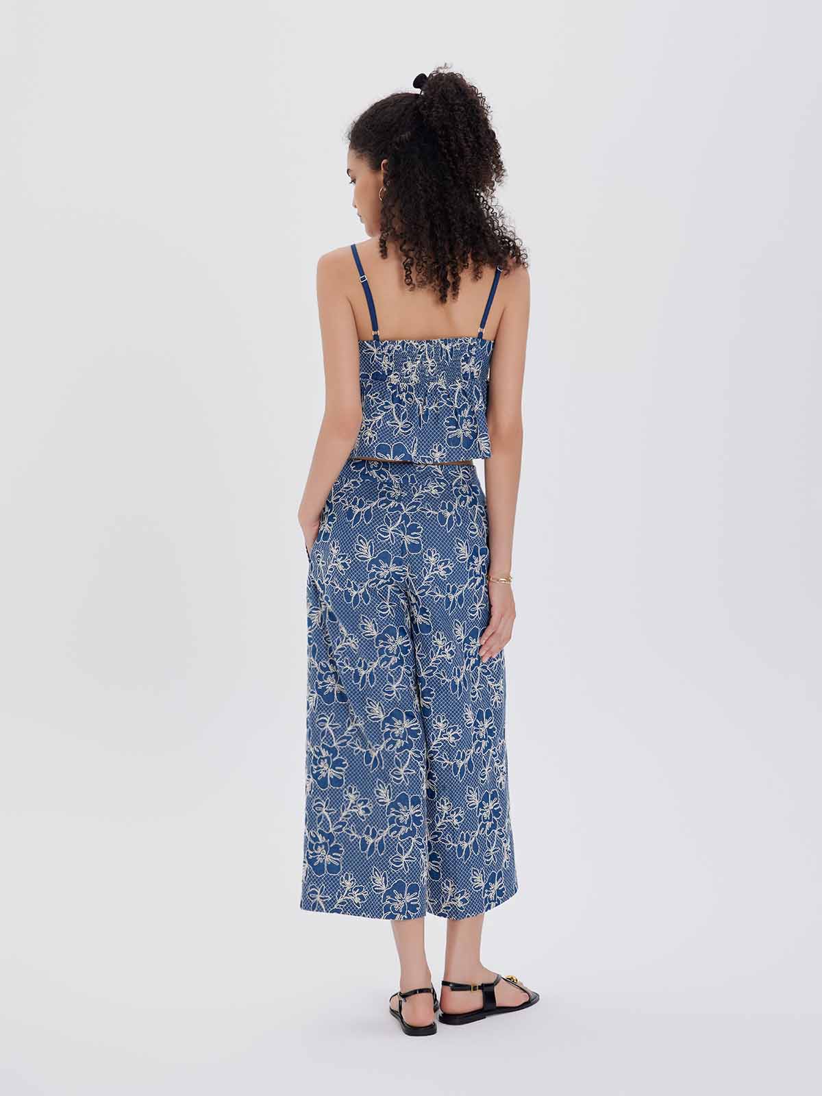 ASOBIO Embroidered Wide-Leg Cropped Pants