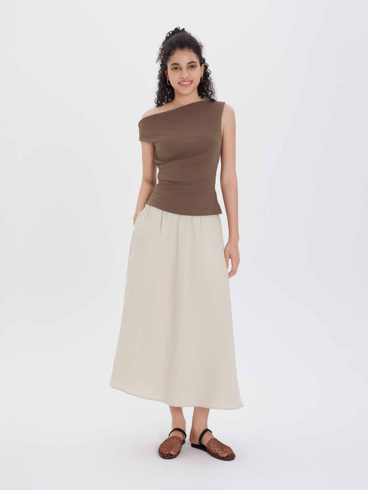 ASOBIO Linen-Blend A-Line Midi Skirt