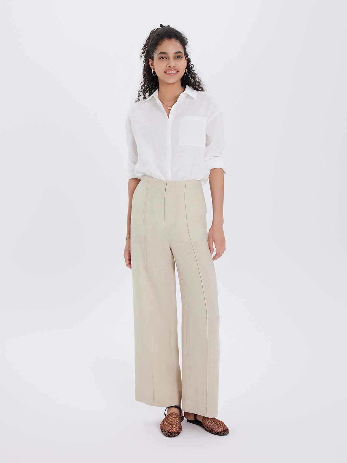 White shirt and beige pants