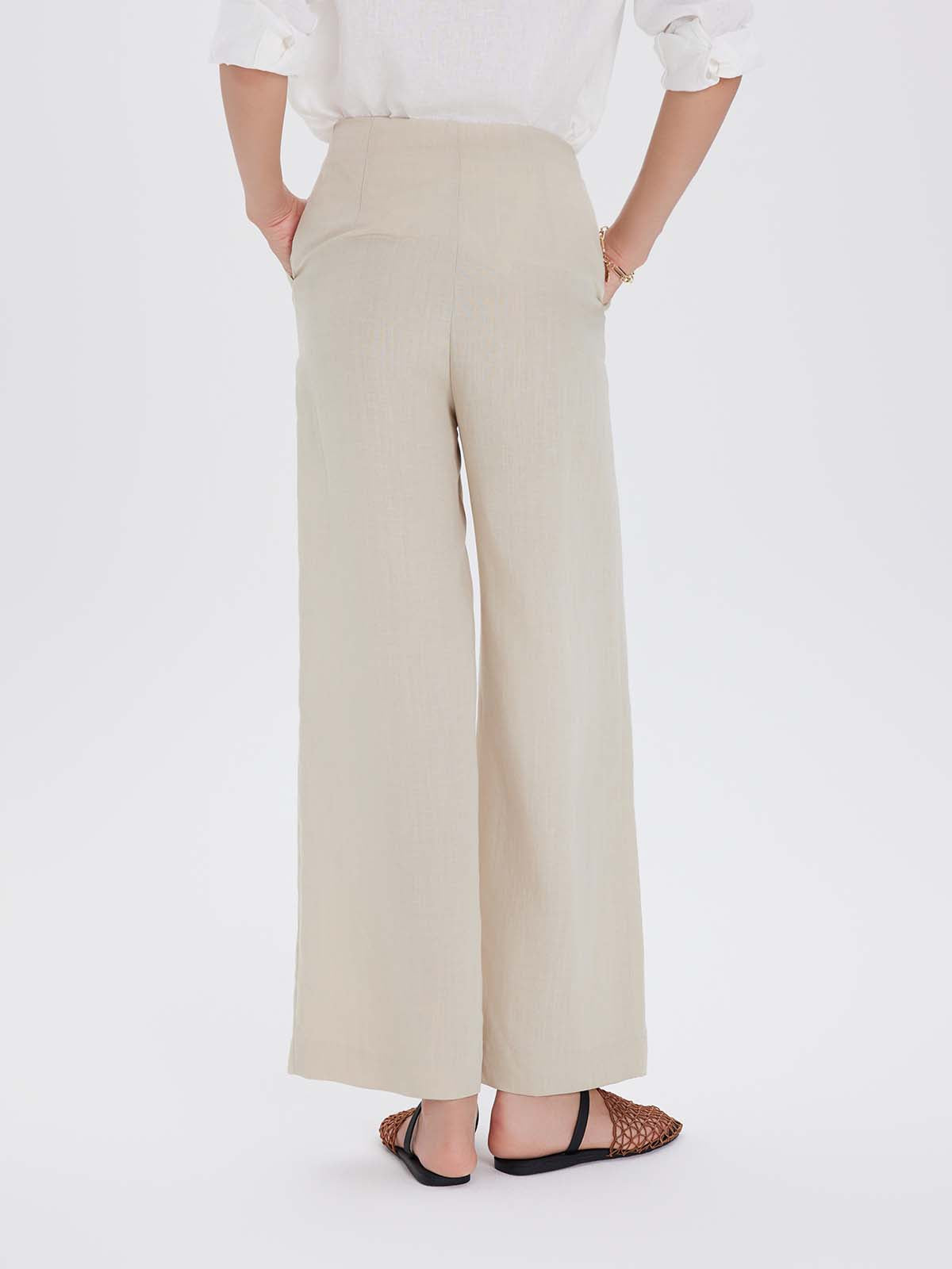 Person wearing beige wide-leg pants and a white top