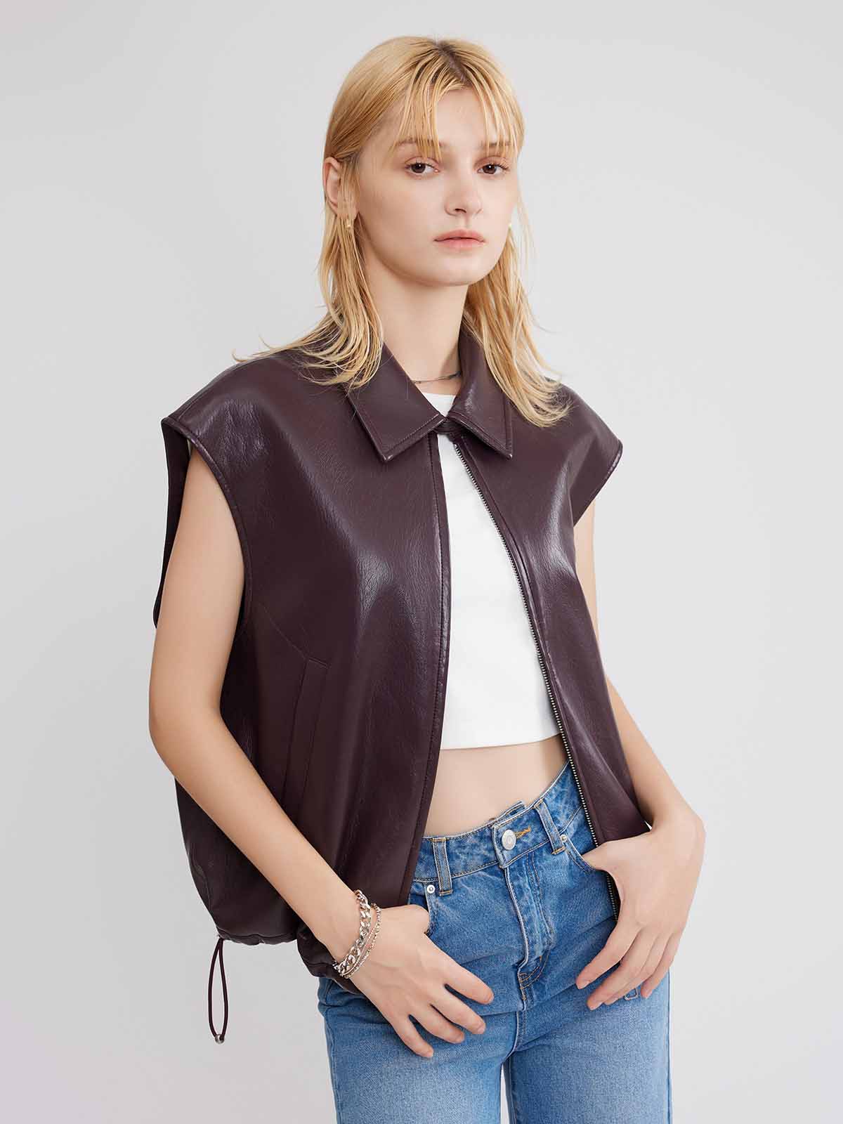 ASOBIO Faux Leather Collared Vest