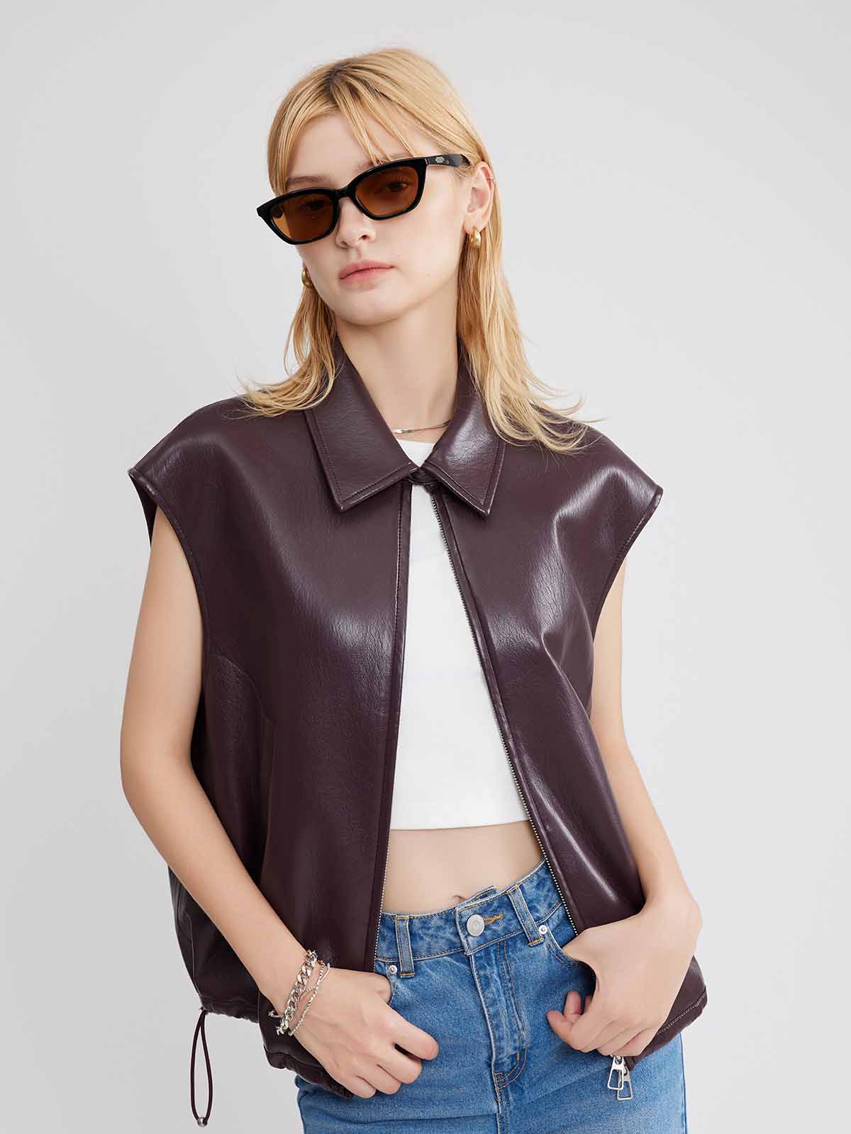 ASOBIO Faux Leather Collared Vest