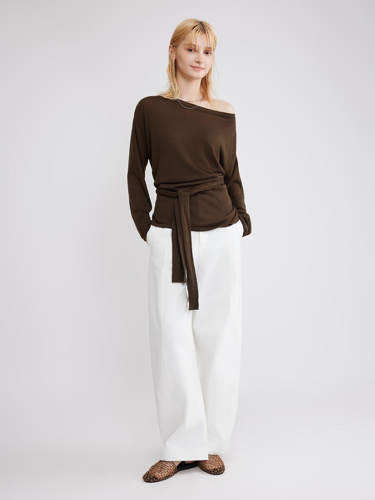 ASOBIO Wool Blend Wide Neck Knit Top