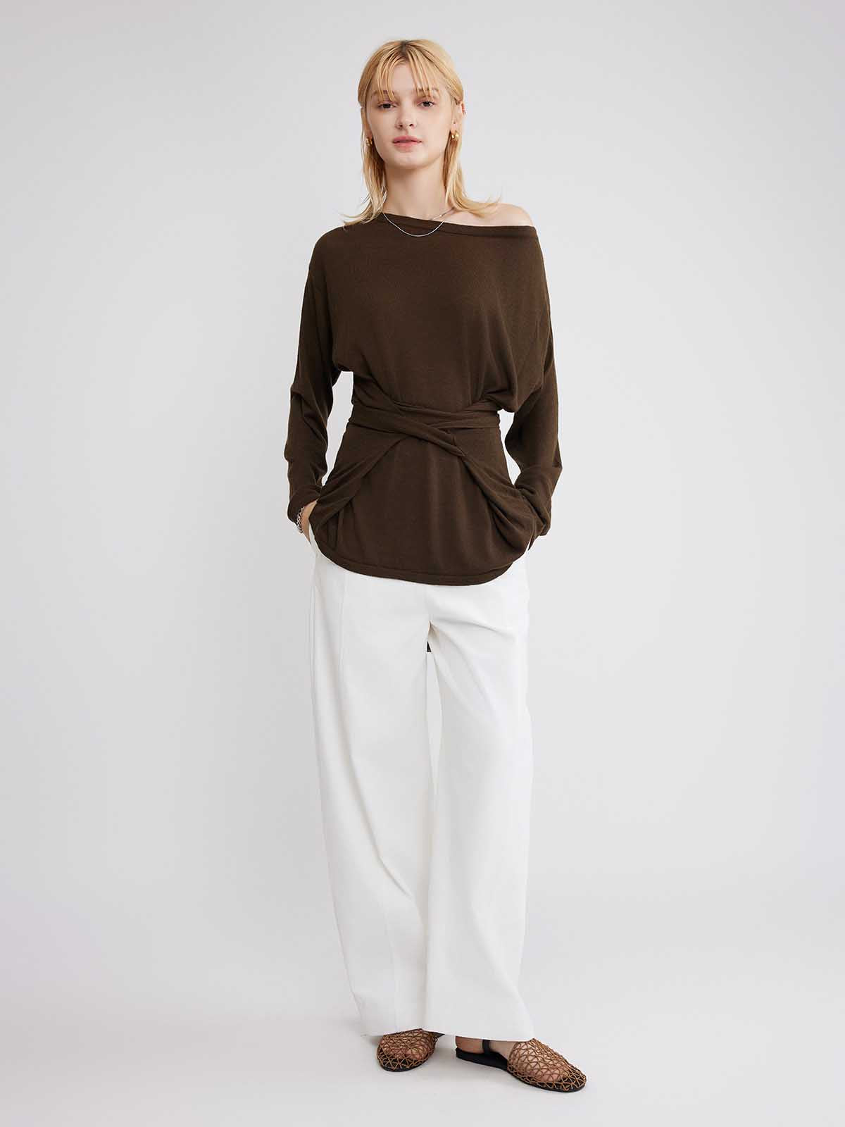 ASOBIO Wool Blend Wide Neck Knit Top
