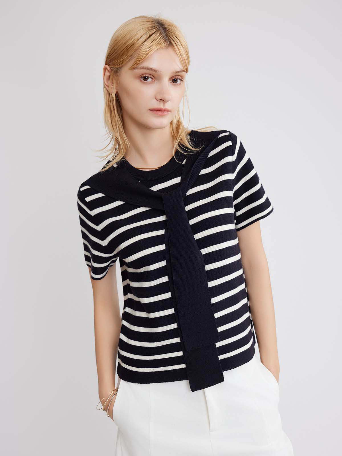 ASOBIO Wool Blend Striped Knit Top with Scarf Detail