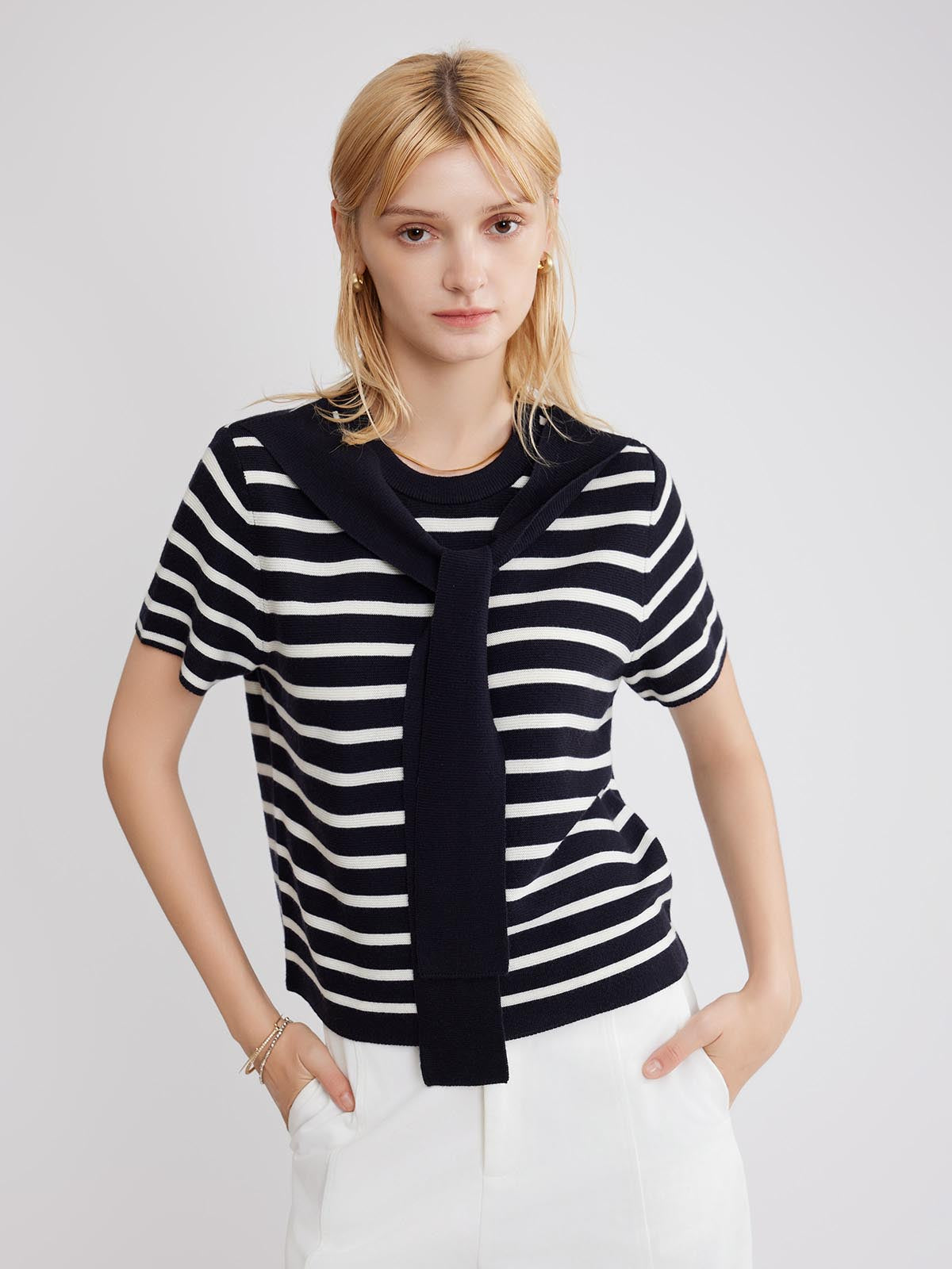 ASOBIO Wool Blend Striped Knit Top with Scarf Detail