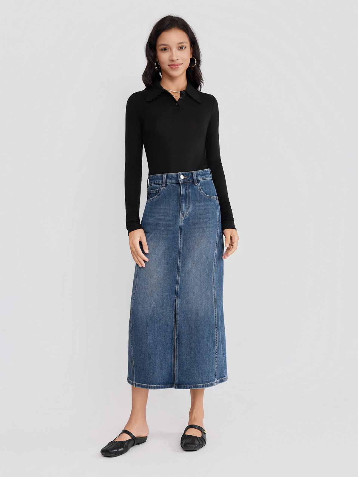 ASOBIO Stretch Denim Slit Midi Skirt