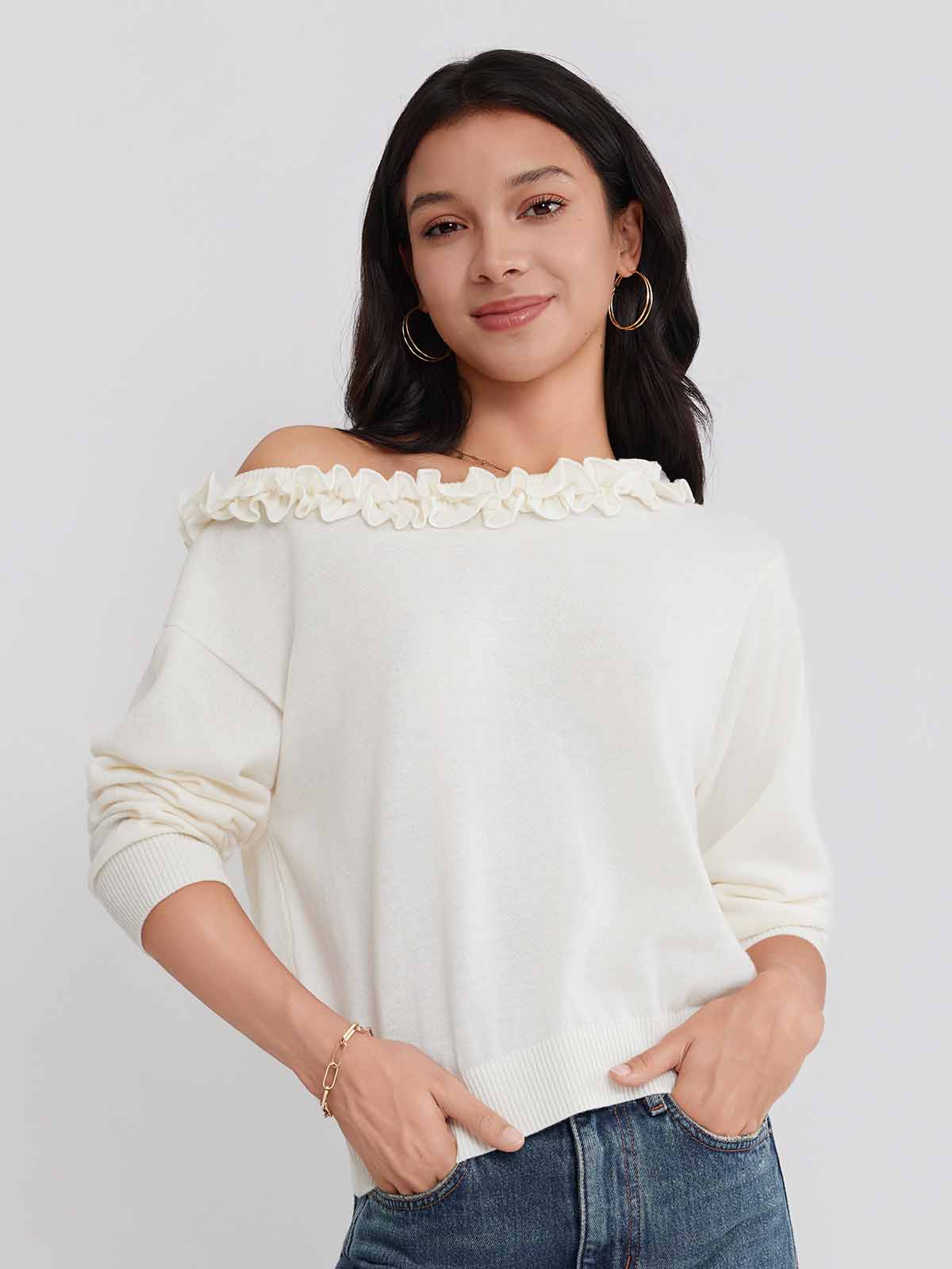 ASOBIO Wool Blend Ruffled Pullover Sweater
