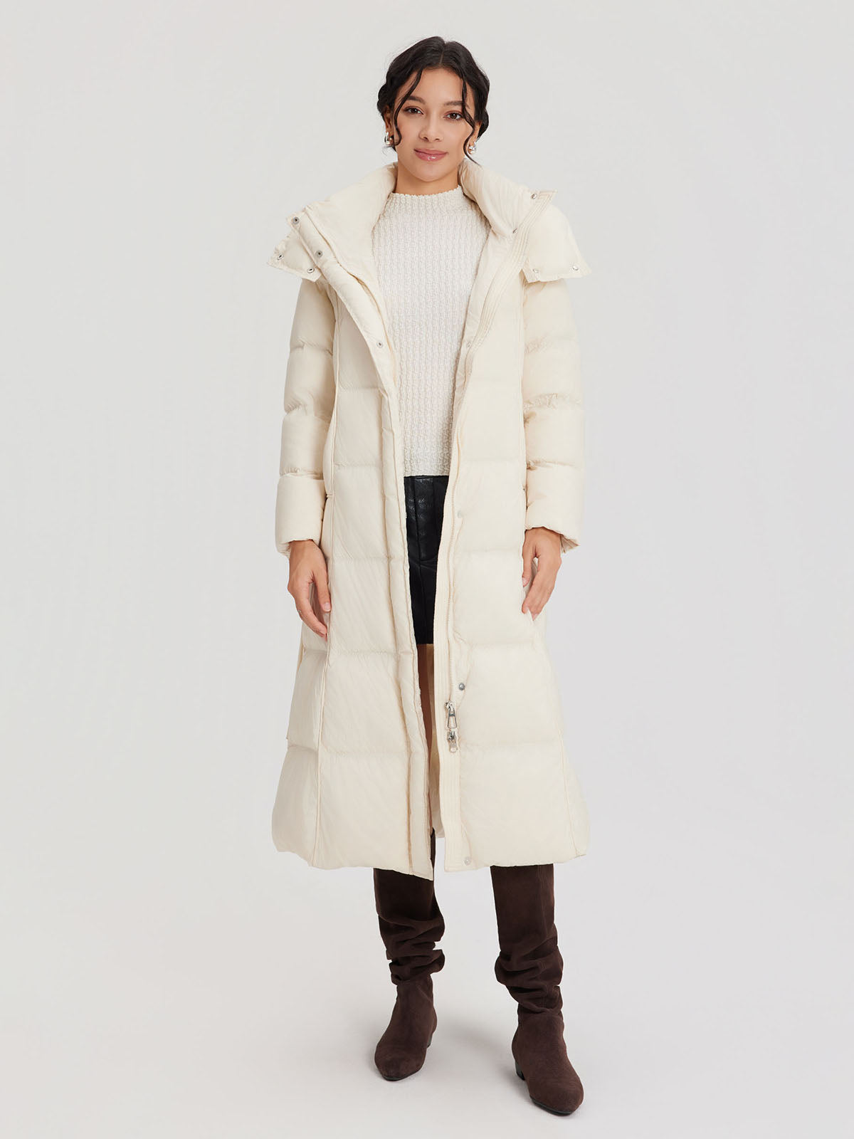 ASOBIO Belted Long Hooded Goose Down Puffer