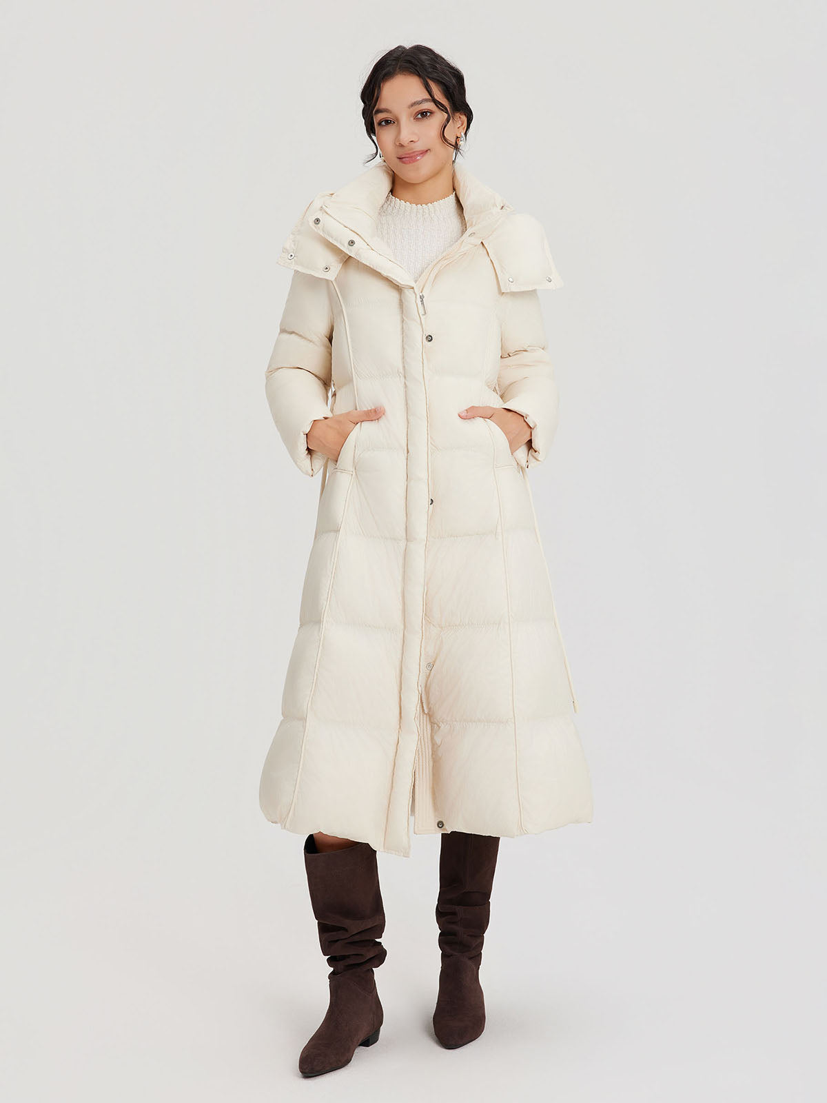 ASOBIO Belted Long Hooded Goose Down Puffer