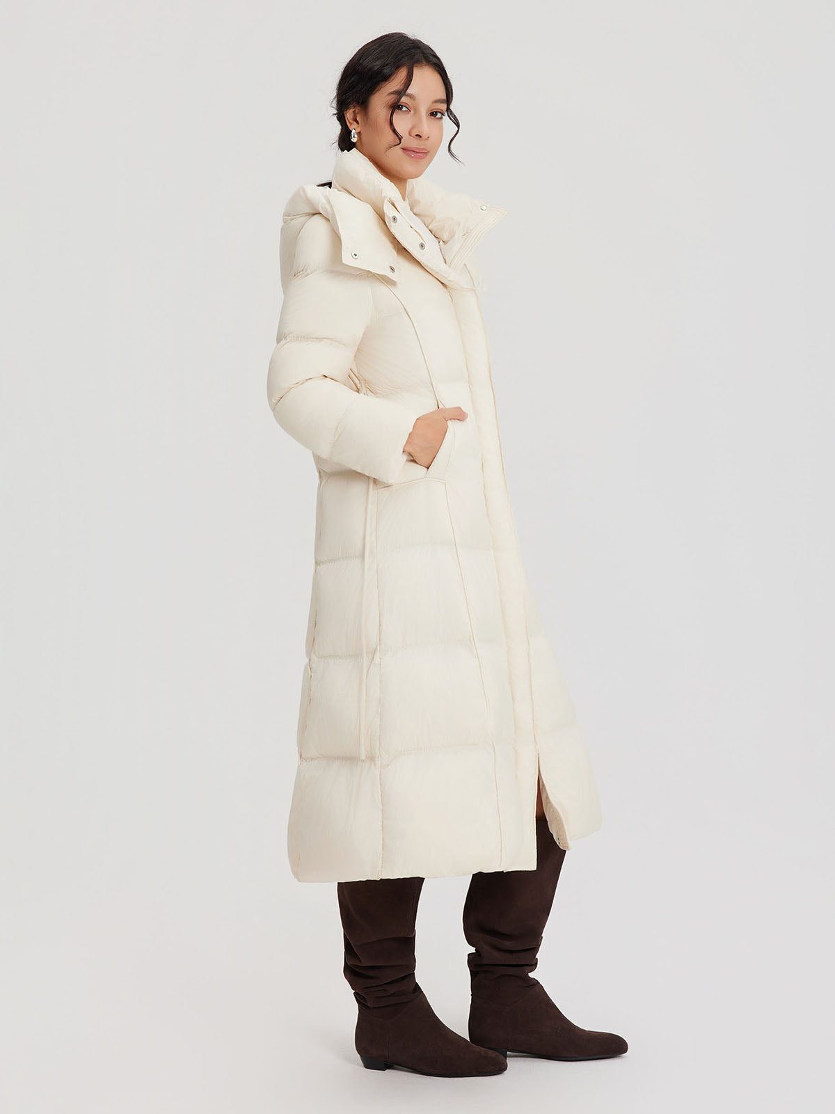 ASOBIO Belted Long Hooded Goose Down Puffer