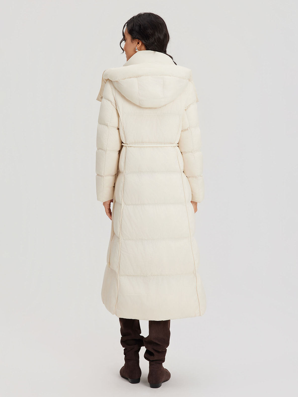 ASOBIO Belted Long Hooded Goose Down Puffer