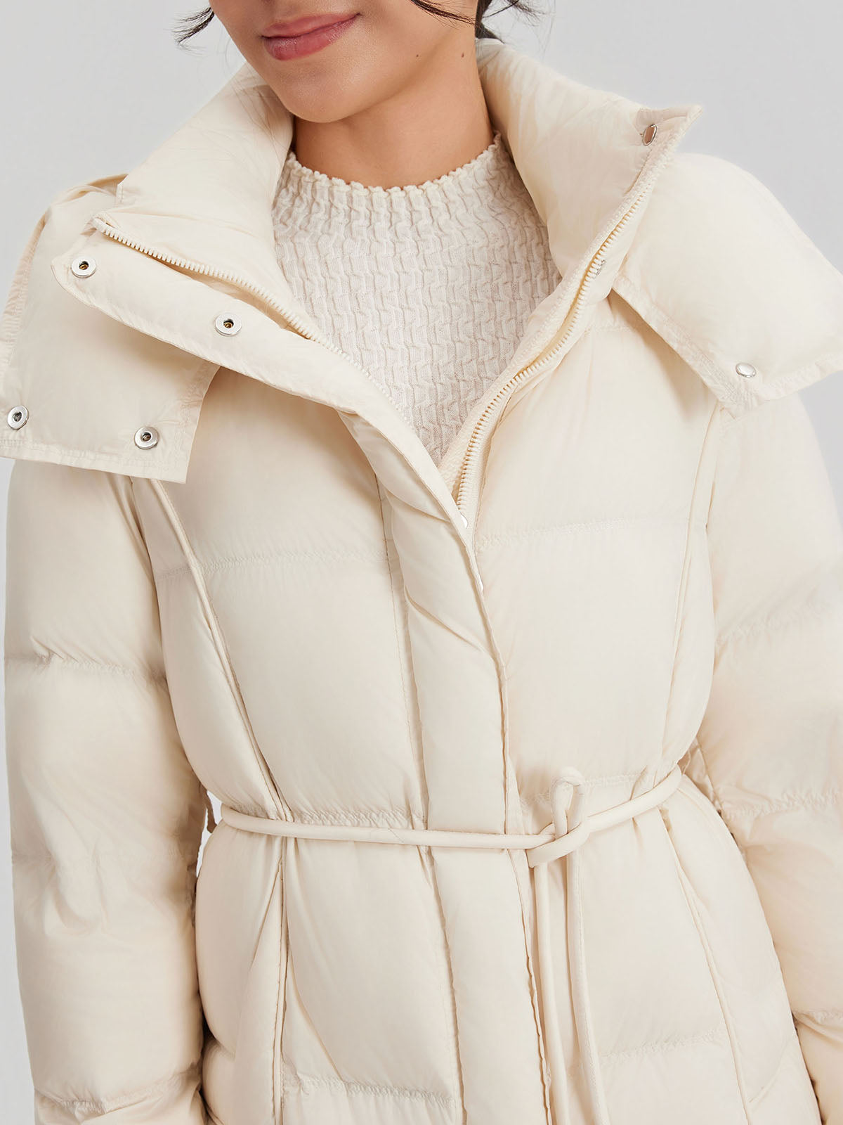 ASOBIO Belted Long Hooded Goose Down Puffer
