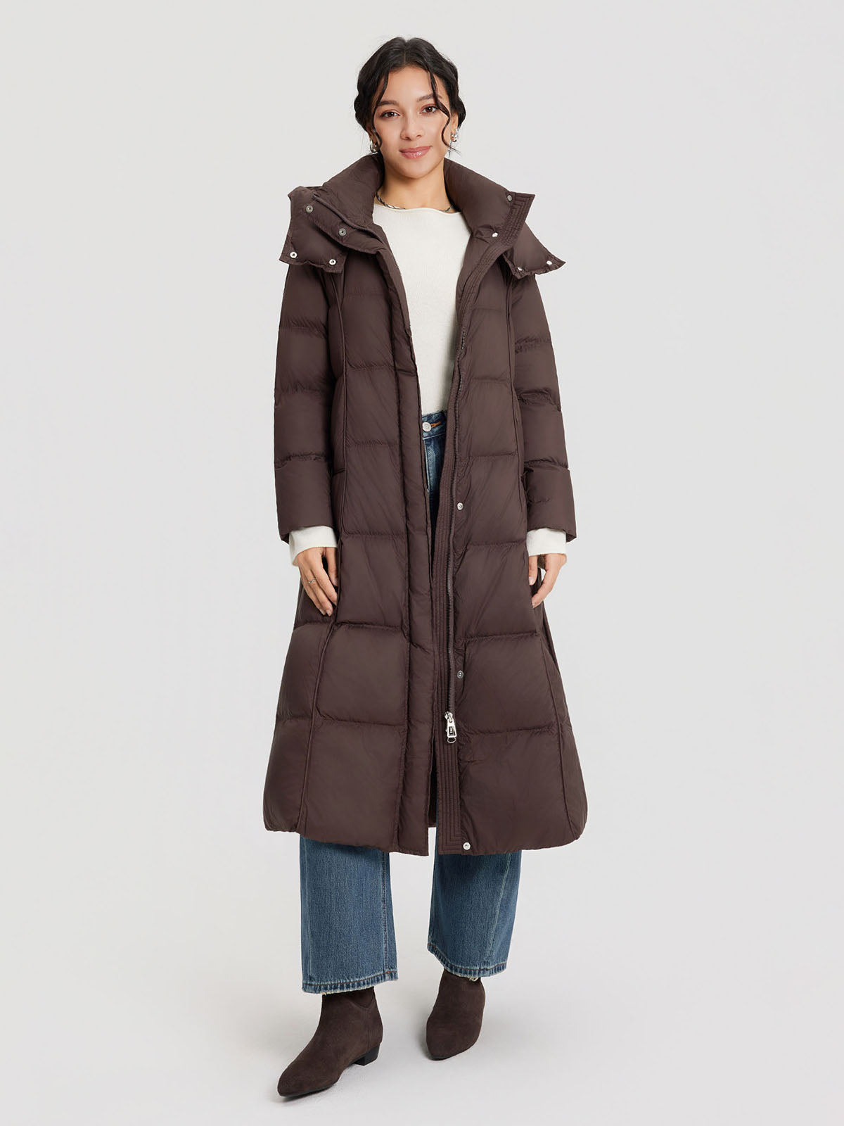 ASOBIO Belted Long Hooded Goose Down Puffer