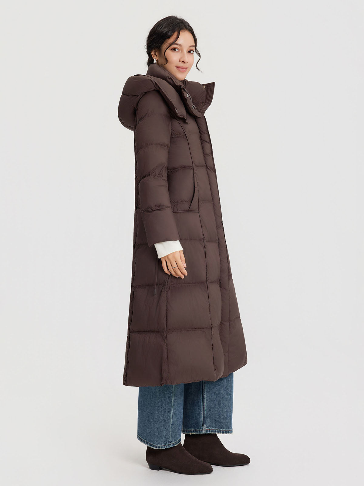 ASOBIO Belted Long Hooded Goose Down Puffer