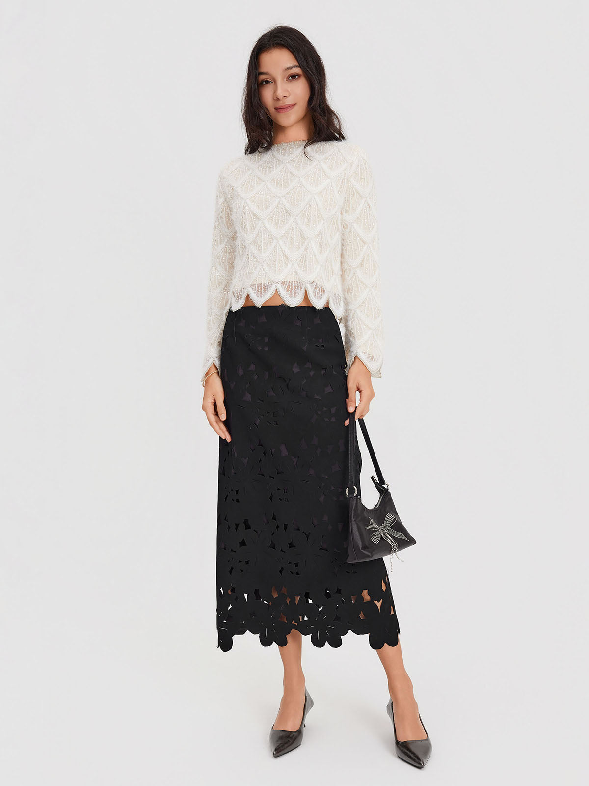 ASOBIO Feather-Trim Knit Cropped Sweater