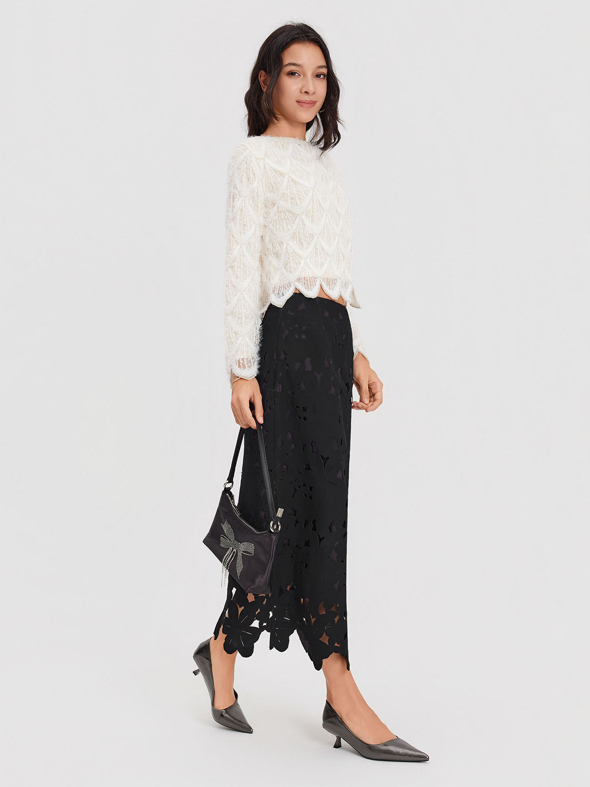 ASOBIO Feather-Trim Knit Cropped Sweater