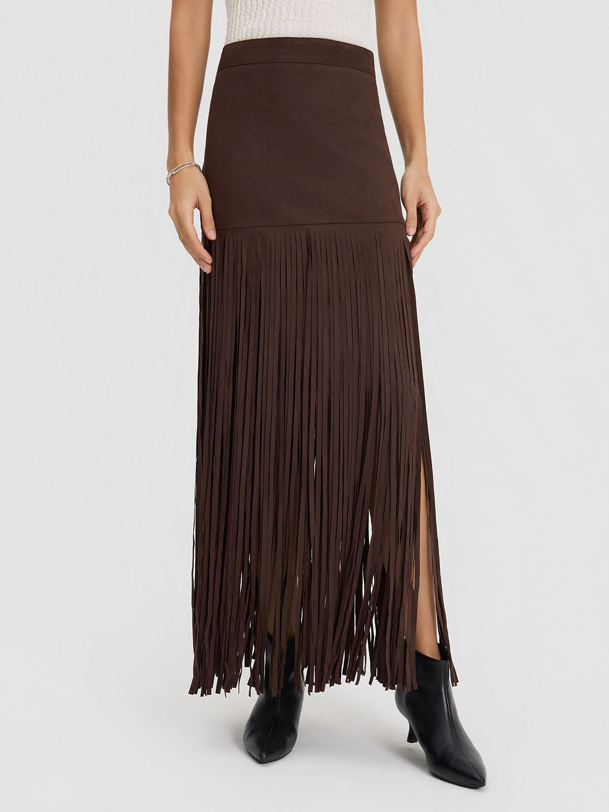 ASOBIO Mid-Rise Suede Fringe Maxi Skirt