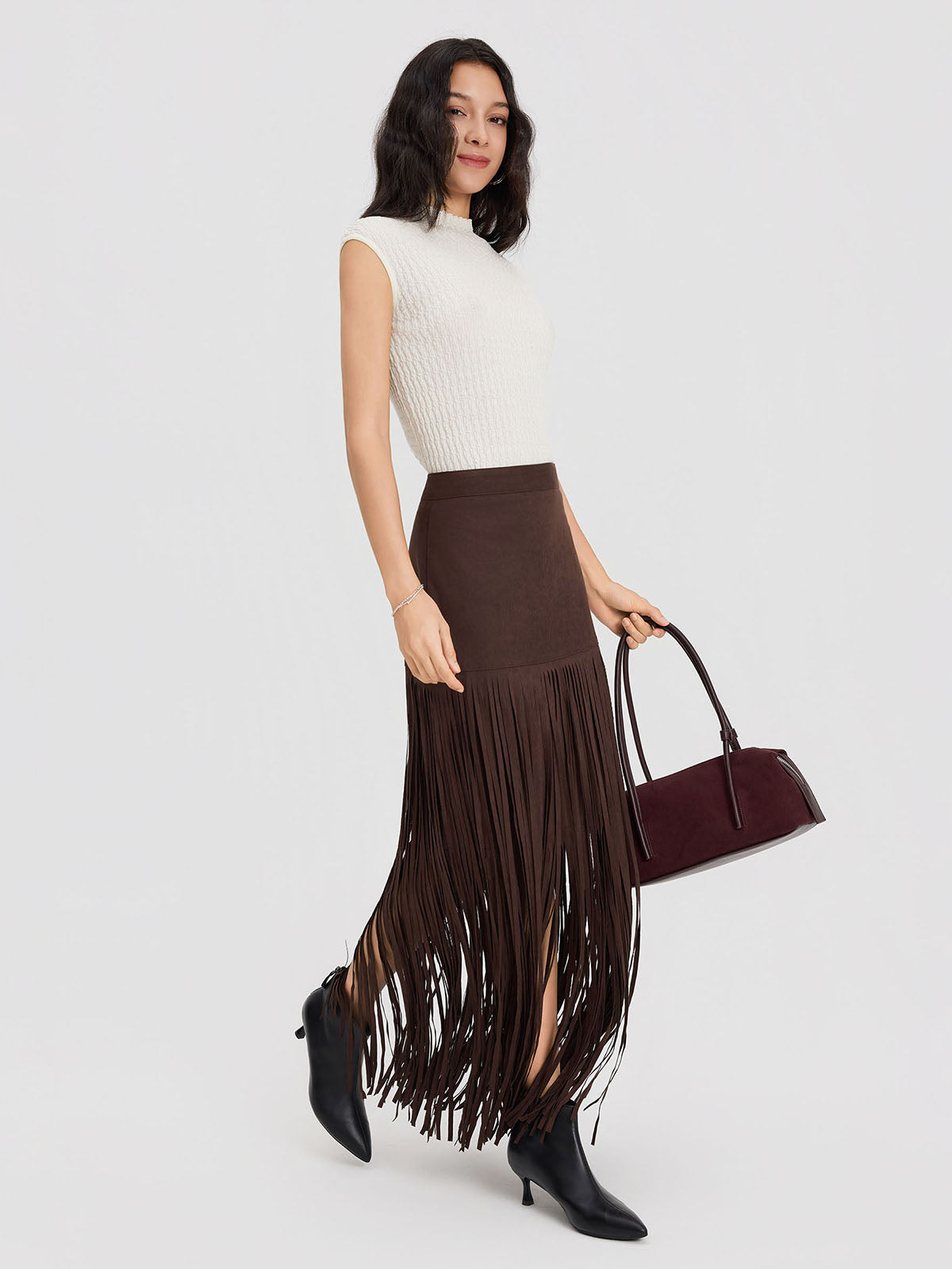 ASOBIO Mid-Rise Suede Fringe Maxi Skirt