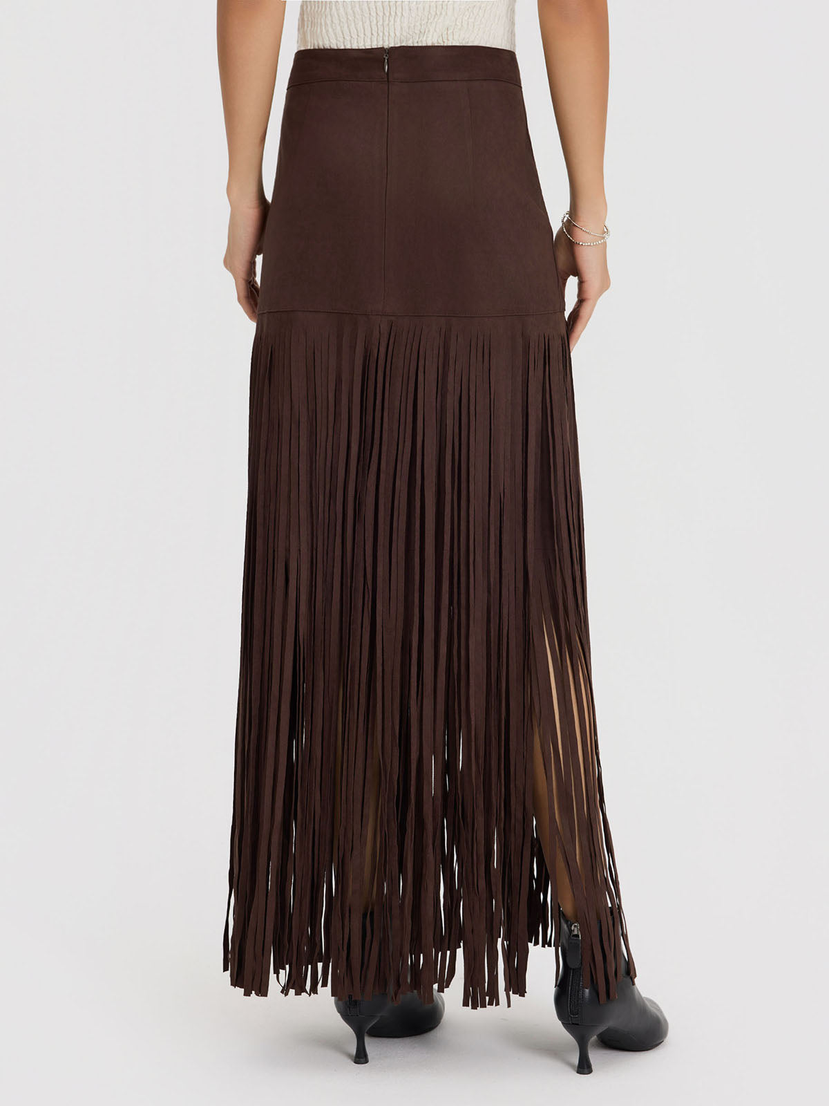 ASOBIO Mid-Rise Suede Fringe Maxi Skirt