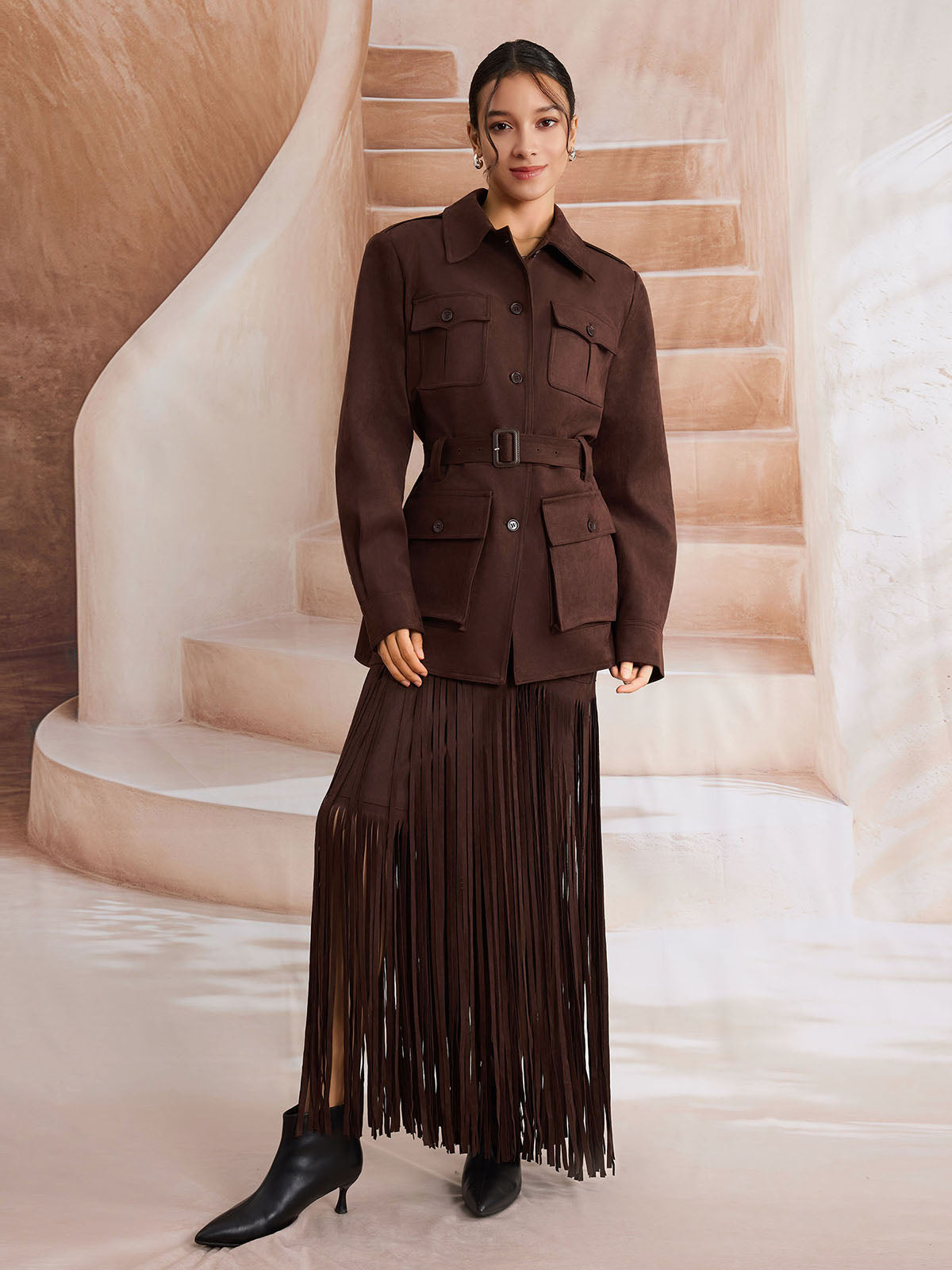 ASOBIO Suede Belted Trucker Jacket