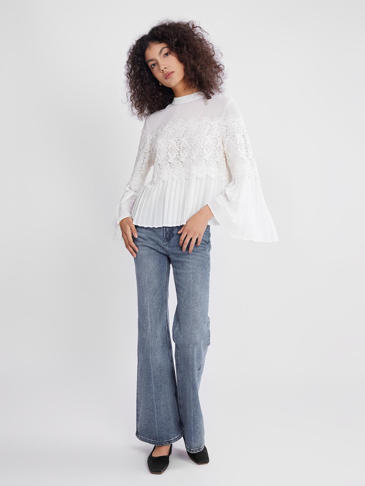 ASOBIO Pleated Chiffon Lace-Panel Blouse