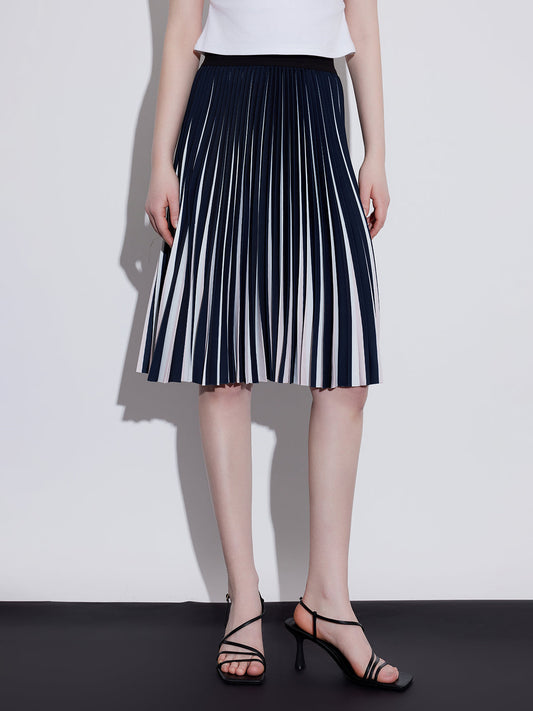 Pleated Striped Midi Skirt