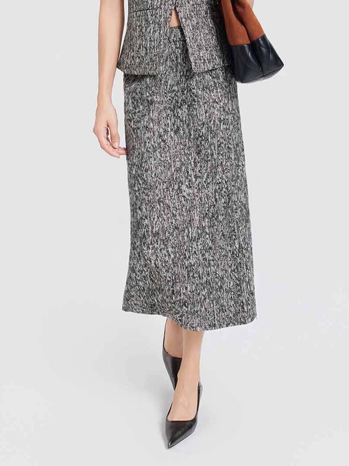 ASOBIO Tweed High-Waist Midi Skirt