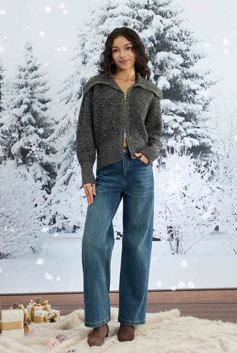 ASOBIO 100% Wool Zip-Up Cardigan