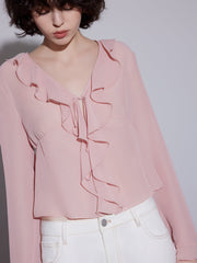 Frenchy Blouse V-Neck Chiffon Ruffle Blouse