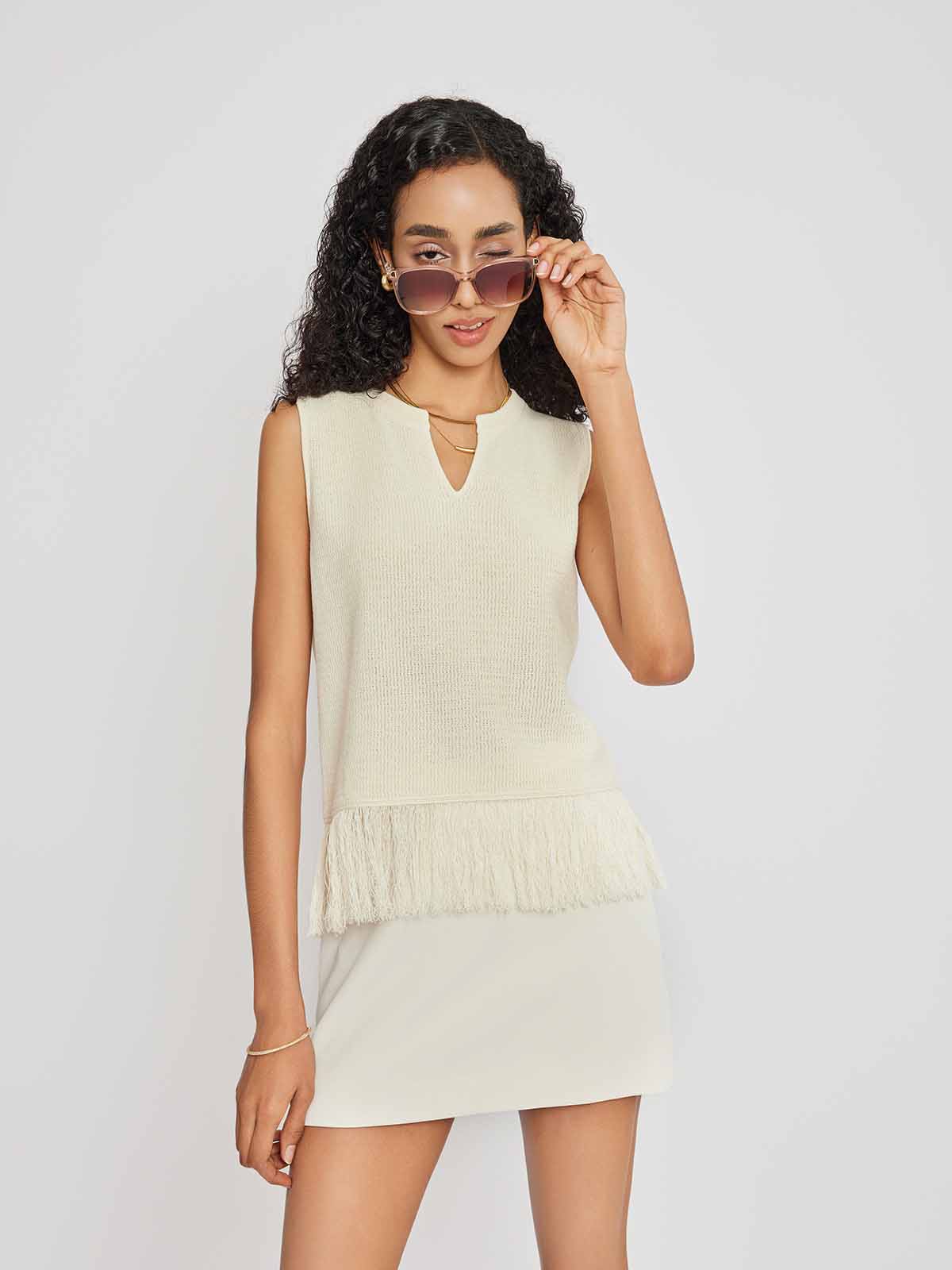 V-Cut Fringe Hem Tee